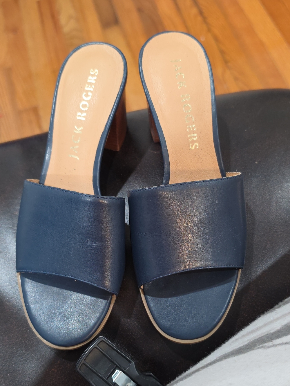 Jack Rogers Navy Leather Slide Mules with Block Heel
